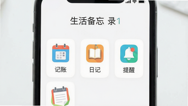 生活备忘录 手机界面 中心展示 三个功能模块:「记账」「日记」「提醒」 采用清新扁平化设计 背景白色 图标彩色 布局整齐 文字清晰 高清画质 干净 无多余元素