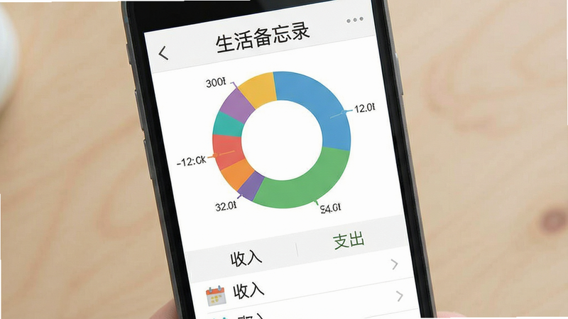 生活备忘录 记账界面 显示收支图表 圆形统计图 彩色分类 下方列表 手机屏幕 扁平化风格 高清 干净 文字「收入」「支出」 无多余元素