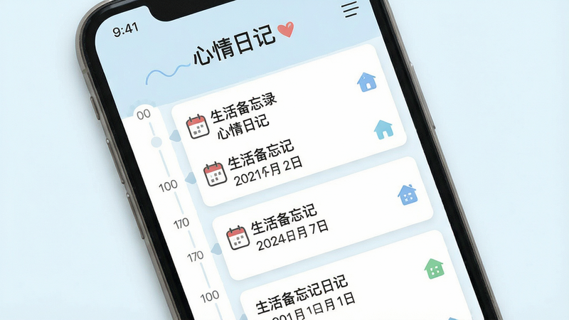 生活备忘录 日记界面 时间轴布局 展示多篇日记 每篇包含标题、日期、小图标 手机竖屏 简洁风格 淡蓝背景 高清 干净 文字「心情日记」 无多余元素
