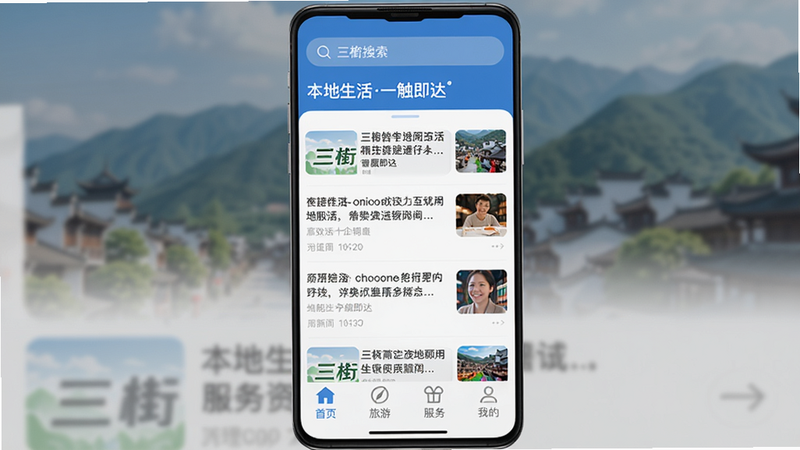 展示三衢APP的整体界面截图,主体为手机屏幕内显示APP主界面,布局从上至下依次为顶部搜索栏、中部新闻资讯滚动条、底部四个功能标签(首页、旅游、服务、我的),排版整洁,风格为扁平化设计,以蓝色和白色为主色调,细节上突出“三衢”Logo和“本地生活一触即达”的标语,画质高清,干净无多余元素