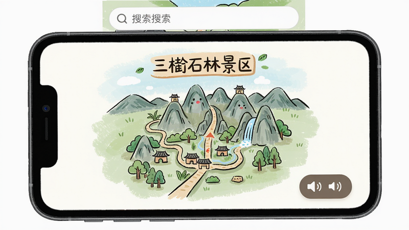 展示三衢APP的旅游导览功能,主体为手机屏幕内显示三衢石林地界面,布局为中间是景区手绘地图,右下角有语音播放按钮,顶部有搜索框,风格为手绘卡通风格,色彩柔和,细节上标注“三衢石林景区”字样,画质高清,干净整洁