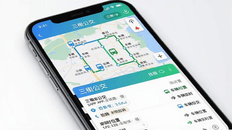 展示三衢APP的公交查询页面,主体为手机屏幕内显示地图和公交线路,布局为上半部分地图标注公交站点,下半部分列表显示线路详情和车辆实时位置,风格为简洁现代,色彩以蓝色和绿色为主,细节上突出“三衢公交”字样,画质清晰,无多余元素