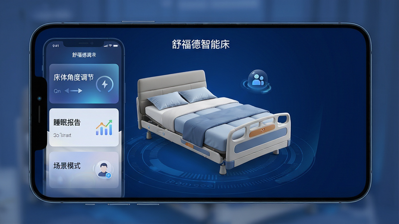 舒福德APP的主界面预览图,采用深蓝色科技感背景,中心展示一张智能床的3D模型,手机屏幕上显示“床体角度调节”“睡眠报告”“场景模式”三个功能卡片,布局清爽,风格现代简约,细节包括柔光渐变和微动效图标,画质高清,无多余元素,文字标注“舒福德智能床”。