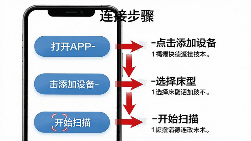 舒福德使用方法步骤图,手机界面从上到下展示“打开APP-点击添加设备-选择床型-开始扫描”,每一步配有红色箭头指引,背景为纯白色,风格简洁教程风,布局纵向列表,细节包含圆角按钮和文字提示,画质清晰,文字“连接步骤”,无多余元素。