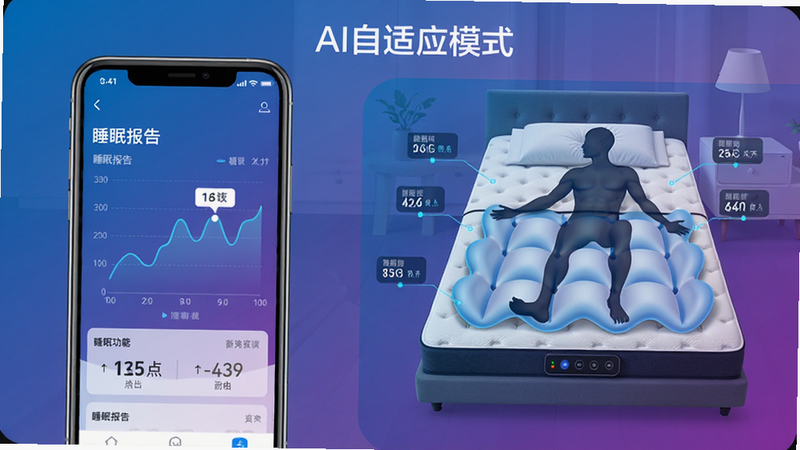 舒福德AI调节功能展示,左侧为手机界面显示“睡眠报告”折线图,右侧为智能床垫分区气囊动态变化示意图,风格科技感,色彩以蓝紫渐变为主,布局左右对称,细节包含数据标注和人体轮廓,画质干净,文字“AI自适应模式”。