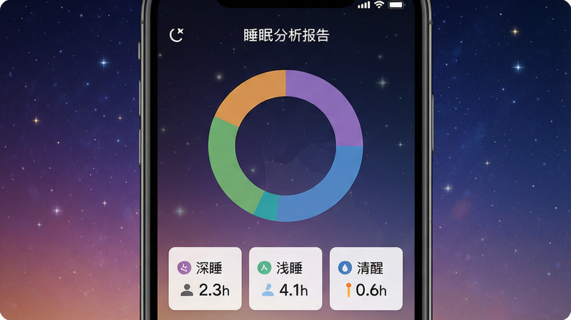 舒福德睡眠监测界面,手机屏幕显示环形睡眠分布图,下方有“深睡2.3h”“浅睡4.1h”“清醒0.6h”数据卡片,背景为渐变星空,风格数据可视化,布局居中整齐,细节包含图标和色块区分,画质高清,文字“睡眠分析报告”。