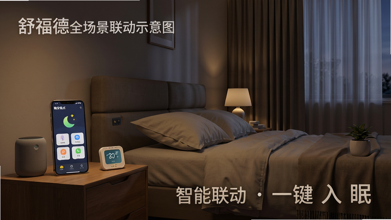 舒福德全场景联动示意图,背景为温馨卧室,床头柜上的手机显示“晚安模式”控制面板,窗帘半关,灯光变暗,床体呈微仰角度,风格写实,布局场景化,细节包括智能音箱、温湿度计等联动设备,画质细腻,文字“智能联动一键入眠”。