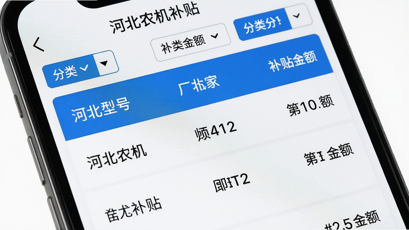 手机屏幕上显示“河北农机补贴”目录检索页面,顶部有分类筛选按钮,中间列表展示农机型号、厂家和补贴金额,列表项清晰排列,白色背景,蓝色高亮,画质高清。
