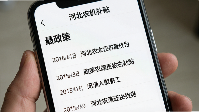 手机屏幕上显示“河北农机补贴”政策列表页面,标题为“最新政策”,列表中有多条政策条目,每条显示日期和标题,背景白色,文字清晰,画质高清,无多余元素。