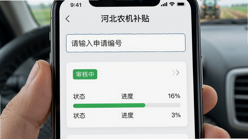 手机屏幕上显示“河北农机补贴”进度查询页面,顶部有输入框提示“请输入申请编号”,下方显示查询结果卡片,包含状态标签“审核中”,进度条显示当前步骤,界面简洁直观,画质高清。