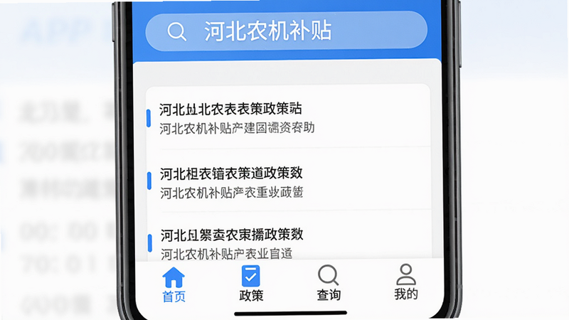 一部智能手机屏幕显示“河北农机补贴”APP主界面,上方有搜索框,中间列表展示政策条目,底部导航栏有首页、政策、查询、我的四个图标,白色背景搭配蓝色主题色,界面简洁清晰,画质高清,干净无多余元素。