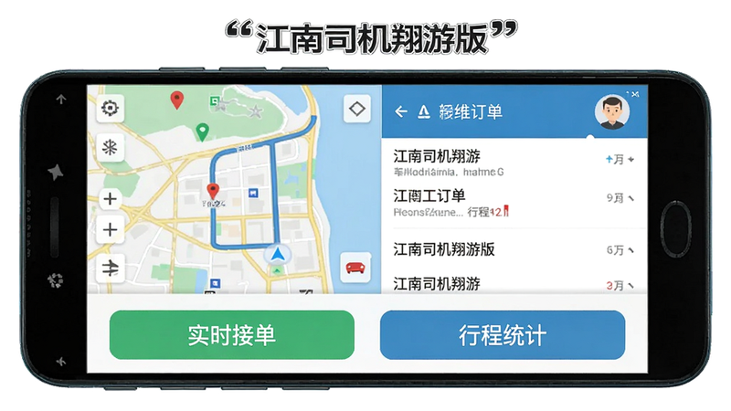 主体为一部安卓手机屏幕显示江南司机翔游版主界面,布局居中,界面包含地图导航、订单列表和司机头像;排版采用上下分区,风格为扁平化UI设计,细节上突出“实时接单”“行程统计”两个按钮,画质高清干净,无多余元素,图片中文字使用引号标注“江南司机翔游版”