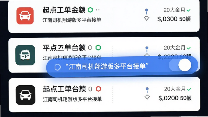 主体为安卓手机列表界面展示多个平台订单卡片,布局采用垂直滚动列表,每个卡片显示平台图标、起点终点、预估金额;排版整洁,风格为商务数据仪表盘,细节上突出“聚合接单”开关,画质明亮干净,图片中文字使用引号标注“江南司机翔游版多平台接单”