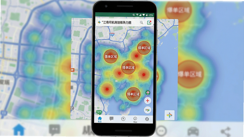主体为安卓手机全屏显示热力图界面,布局从上到下依次为顶部状态栏、热力地图、底部导航栏;排版紧凑,风格类似高德地图的实时热力图,细节上用红色圆圈标注“爆单区域”,画质清晰,背景无杂色,图片中文字需用引号标注“江南司机翔游版热力图”