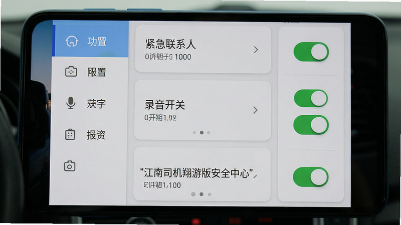 主体为安卓手机安全设置页面,布局左右对称,左侧为功能菜单,右侧为开关按钮;排版采用卡片式UI,风格清新简洁,细节上显示“紧急联系人”“录音开关”等选项,画质细腻无锯齿,图片中文字用引号标注“江南司机翔游版安全中心”