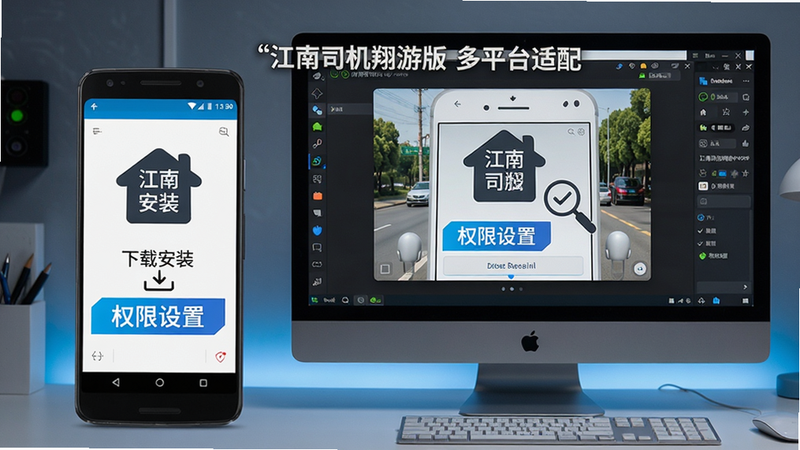 主体为一部安卓手机和一台电脑并排展示,手机屏幕显示江南司机翔游版运行界面,电脑屏幕显示安卓模拟器中的同样界面;布局左右对称,排版整洁,风格为科技数码风,细节上突出“下载安装”和“权限设置”两个标签,画质高清,无多余元素,图片中文字用引号标注“江南司机翔游版 多平台适配”