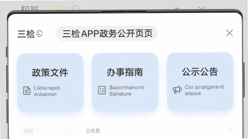 三衢APP政务公开页面,展示“政策文件”“办事指南”“公示公告”三个栏目卡片,卡片为圆角矩形,背景浅蓝,文字深灰,界面干净明了,具有现代感。