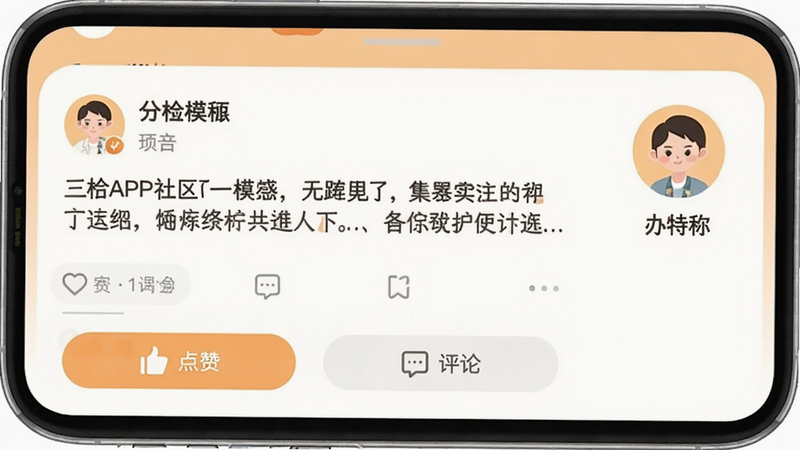 三衢APP社区互动页面,显示一条用户发布的内容,底部有“点赞”“评论”按钮,右侧显示用户头像和昵称,整体色调温暖,界面简洁,无广告干扰。