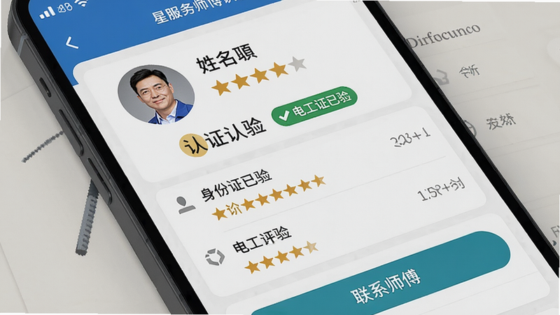星服务师傅认证界面,主体为手机屏幕截图,展示师傅档案信息,包括头像、姓名、星级评分、认证标签(身份证已验、电工证已验),布局整齐,风格真实截图风格,细节包括评价列表和“联系师傅”按钮,画质高清,干净。