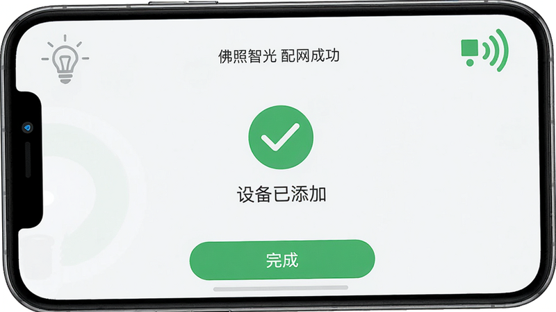 主体为手机界面显示配网成功页面,布局中央绿色勾号与“设备已添加”文字,底部有“完成”按钮,排版居中,风格清新,细节包含灯具图标和WiFi信号满格,画质高清,干净无多余元素,图片中显示“佛照智光 配网成功”