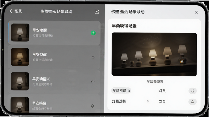 主体为手机界面展示场景编辑页,布局左侧为场景列表,右侧为灯具选择与参数设置面板,排版规整,风格扁平化,细节包含“早安唤醒”场景中灯具依次点亮动画示意,画质高清,干净无多余元素,图片中显示“佛照智光 场景联动”