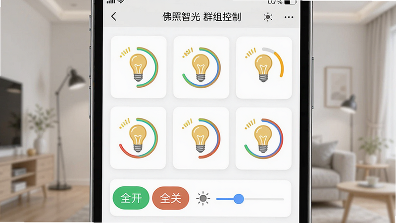 主体为手机界面显示“客厅”群组控制页,布局网格显示6个灯泡图标,底部有全开/全关按钮与亮度滑块,排版整齐,风格简洁,细节中灯泡图标带有信号强度与颜色圆圈,画质细腻,干净无多余元素,图片中显示“佛照智光 群组控制”