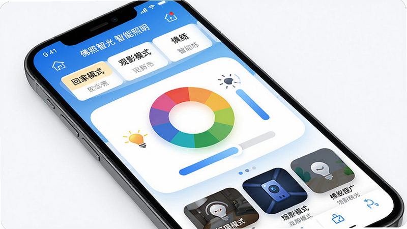 主体是“佛照智光”App主界面,手机竖屏展示,布局上方为房间快速选择栏,中央为圆形色盘与亮度条,底部为场景模式卡片。整体排版采用卡片式设计,风格清新明亮,主色调为蓝白渐变,细节包含“回家模式”、“观影模式”等文字标签,画质高清,干净无多余元素,图片中文字显示“佛照智光 智能照明”