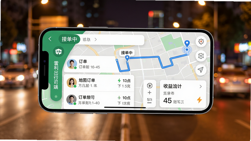 主体:一部智能手机屏幕显示“雷利出行司机端”App主界面,背景为城市街道夜景,车流灯光虚化。布局:手机居中,屏幕内清晰展示订单列表、导航地图和收益统计卡片。排版:手机横向放置,屏幕内容占比70%,周围留白。风格:写实风格,光影自然,色彩明亮偏暖。细节:手机屏幕顶部显示“接单中”状态,地图上有蓝色路线和起点终点标记,订单列表有乘客头像和起点终点文字。画质:4K超清,干净无多余元素。