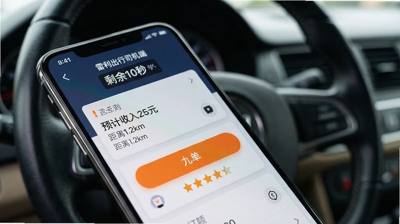 主体:手机屏幕特写显示“雷利出行司机端”智能抢单界面,订单卡片上标有“预计收入25元”、“距离1.2km”等信息。布局:手机斜放,屏幕占画面70%,背景是模糊的车内方向盘。排版:订单卡片清晰可读,按钮“抢单”为橙色高亮。风格:写实摄影风,浅景深,焦点在屏幕。细节:屏幕顶部有倒计时显示“剩余10秒”,卡片下方有乘客评分星级。画质:高分辨率,干净无多余元素。