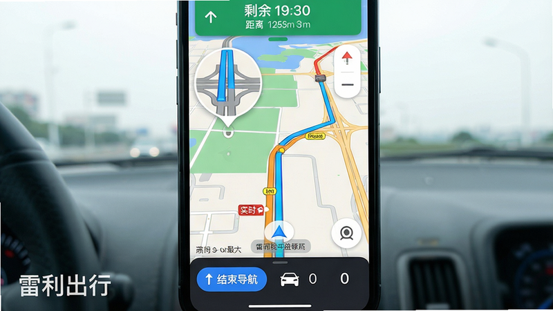 主体:手机导航界面,地图上显示从当前位置到目的地的蓝色路线,并有实时交通拥堵标识(红色、黄色路段)。布局:手机竖屏,导航界面占满屏幕,左下角有“雷利出行”水印。排版:地图清晰,路口放大图弹出,顶部显示剩余时间和距离。风格:扁平化UI与实景地图结合,色彩鲜艳。细节:屏幕底部有“结束导航”按钮,车速显示0。画质:高清,无多余元素。