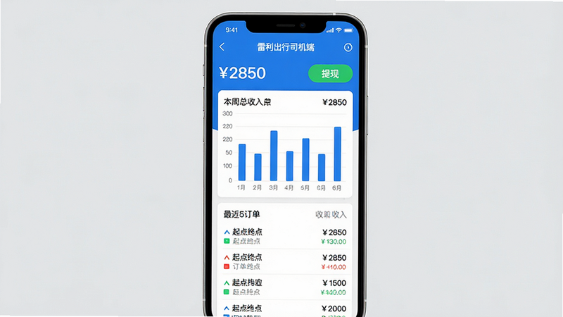 主体:手机屏幕显示“雷利出行司机端”收益统计页面,包含柱状图和最近5笔订单明细。布局:手机居中,屏幕内容占80%,背景为纯色浅灰。排版:柱状图横轴为日期,纵轴为金额,订单明细列表有起点终点和收入。风格:科技简约风,蓝色主色调。细节:顶部显示“本周总收入 ¥2850”,提现按钮为绿色。画质:4K,干净无多余元素。