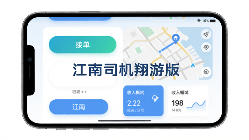 主体为一部智能手机屏幕,显示江南司机翔游版App的主界面,包含接单按钮、地图导航、收入概览卡片,布局清晰,主色调为蓝色和白色,现代扁平化风格,屏幕中央有“江南司机翔游版”字样,画质高清,背景干净无多余元素,整体呈现专业、高效的视觉感受