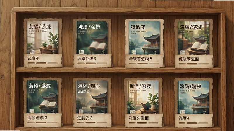 主体:阅读亭书架界面,布局:书架以网格排列展示书籍封面,排版:每本书带标题和进度条,风格:纸质书架质感,细节:封面图清晰,背景为木质纹理,画质:高清、无多余元素