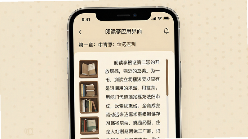 主体:阅读亭应用界面展示,布局:手机屏幕居中显示阅读页面,上方有书名和章节标题,排版:清晰整洁,左侧显示书架缩略图,右侧为阅读进度条,风格:现代化极简UI,细节:页面文字清晰、背景为米黄色护眼色,画质:高清、干净、无多余元素