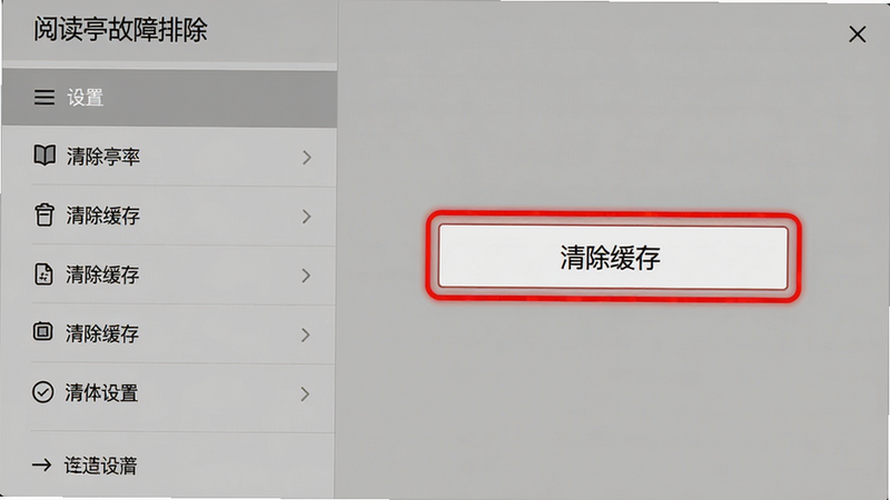 主体:阅读亭故障排除界面,布局:左侧显示设置菜单,右侧为“清除缓存”按钮高亮,排版:左右分栏,风格:系统设置风格,细节:按钮带有红色警示边框,画质:高清、干净