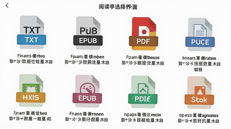 主体:阅读亭格式选择界面,布局:中部列出多种格式图标(TXT、EPUB、PDF等),排版:图标整齐排列,每个格式下方有简介,风格:扁平化设计,细节:图标带有文件类型标识,背景为白色,画质:干净、高清