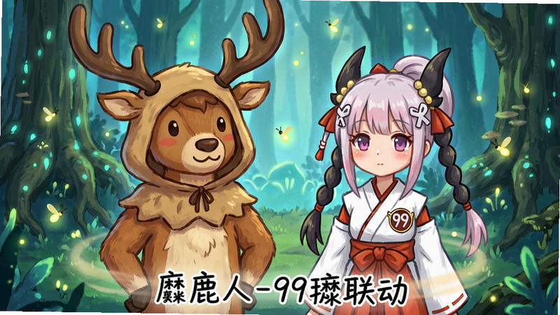 主体:麋鹿人角色与99娘联动形象并肩站立于神秘森林中;布局:两人位于画面中央偏左,背景是发光树根与飘浮的萤火虫;风格:手绘卡通渲染,明快色调,略带童话质感;细节:麋鹿人戴着鹿角兜帽,99娘穿着联动专属巫女服,胸前有联动徽章,脚下有淡淡光圈;画质:4K高清,干净无多余元素,画面下方居中文字“麋鹿人-99娘联动”采用手写体。