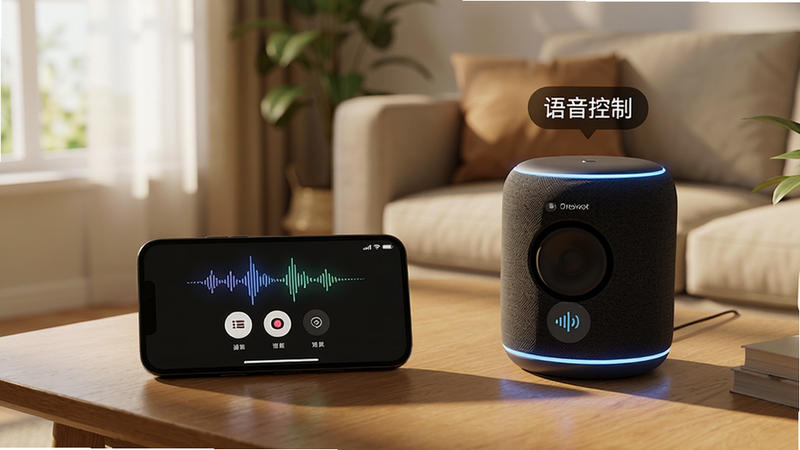 主体:手机与智能音箱配合使用场景,布局:手机放在桌上显示语音控制界面,旁边智能音箱亮起,排版:手机屏幕上有语音波形动画,音箱有语音反馈提示,风格:生活化实景渲染,细节:背景为温馨客厅,画质:真实光影,干净无多余元素,图片中文字“语音控制”