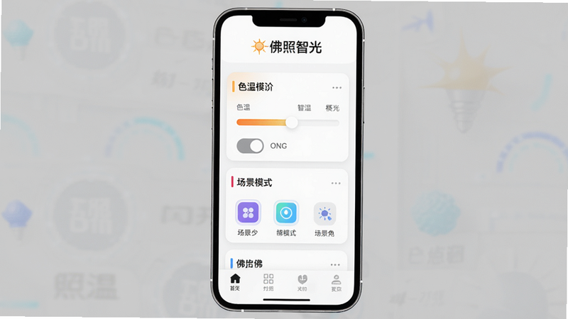 主体:佛照智光APP界面展示,布局:手机屏幕居中,显示主控面板,排版:顶部有“佛照智光”logo,中间为灯光控制卡片,底部导航栏,风格:现代简约,科技感,细节:卡片上显示色温调节滑块、开关按钮、场景模式图标,画质:高清渲染,干净无多余元素,图片中文字“佛照智光”