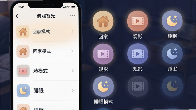 主体:佛照智光APP场景切换界面,布局:左侧为房间列表,右侧为场景图标,排版:场景图标依次排列,每个图标下方有文字“回家”“观影”“睡眠”,风格:扁平化UI,柔和灯光配色,细节:图标带有微小光晕,画质:细腻,干净无冗余元素,图片中文字“回家模式”“观影模式”“睡眠模式”