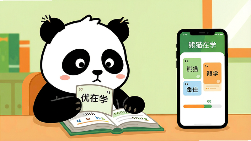 主体:一只卡通熊猫坐在书桌前翻阅单词书,手机屏幕上显示“熊猫在学”应用界面;布局:中心构图,熊猫居左,手机居右;排版:画面清爽,熊猫表情专注;风格:扁平卡通风格,色彩明亮温暖(绿色、橙色为主);细节:熊猫耳朵微竖,手机屏幕有单词卡片和进度条;画质:高清、干净、无多余元素,画面中文字必须加引号如“熊猫在学”