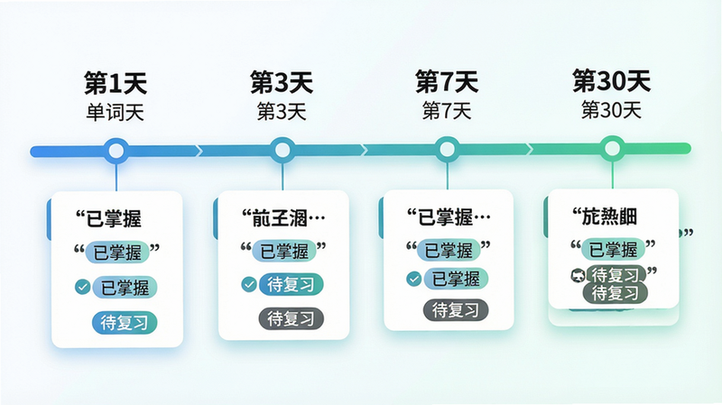 主体:一条时间轴从左到右延伸,上方显示“第1天”“第3天”“第7天”“第30天”节点,每个节点下有一组单词卡片;布局:横向时间线,卡片大小渐变;排版:清晰标注天数与单词数;风格:信息图风格,蓝绿渐变色;细节:卡片上标注“已掌握”“待复习”标签;画质:高清、干净、无多余元素,画面中文字必须加引号如“熊猫在学记忆曲线”