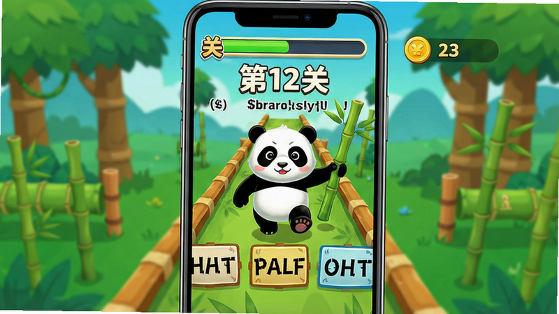 主体:手机屏幕截图显示闯关界面,熊猫角色在赛道上前进,脚下有单词障碍物;布局:手机全屏展示,上方有进度条和金币数;排版:关卡编号明显,如“第12关”;风格:游戏化UI,色彩鲜艳;细节:熊猫手持竹竿,障碍物上写有英文单词;画质:高清、纯净,画面中文字必须加引号如“熊猫在学闯关”