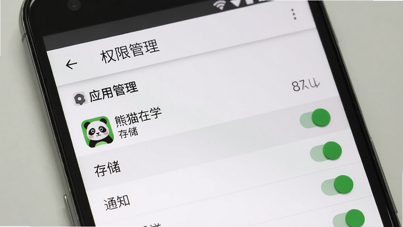 画面主体为一部安卓手机屏幕显示“设置”界面,找到“应用管理”中“熊猫在学”的权限列表,布局上方有返回箭头和标题“权限管理”,下方列出“存储”、“通知”等开关,开关呈打开状态,背景为系统默认白色,风格原生简洁,细节包括高亮显示的“存储”选项,画质清晰,无多余元素,文字“熊猫在学”出现在应用名称位置。