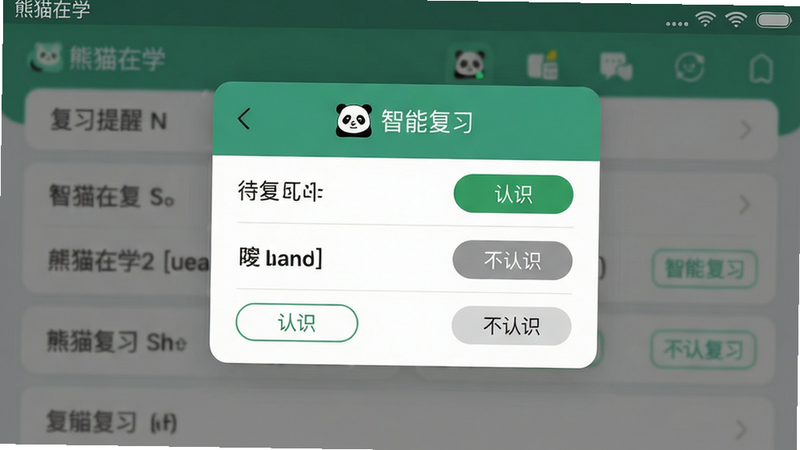 一张手机屏幕截图,界面显示“复习提醒”弹窗,弹窗内列出三个待复习单词,每个单词旁边有“认识”和“不认识”两个按钮,背景是模糊化的单词列表,布局采用卡片式排列,风格现代扁平,细节包括弹窗顶部的熊猫图标和“智能复习”字样,画质清晰干净,无多余元素,文字“熊猫在学”在状态栏区域。