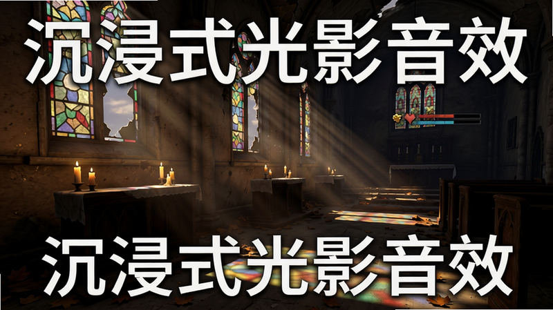 画面主体为游戏场景截图,展示废弃教堂内部,光束从破窗射入,地面有落叶和灰尘,布局采用电影构图,风格为游戏实机光影渲染,细节包括彩色玻璃窗、蜡烛、光影交错,画质高清,干净无多余元素,图片上文字“沉浸式光影音效”
