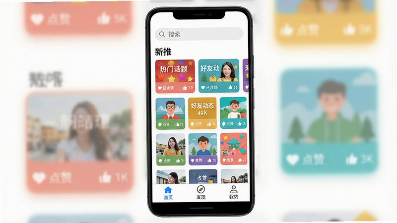 主体:一部安卓手机屏幕显示“新推”APP主界面,界面中央有大量彩色卡片排列;布局:手机居中,屏幕内容清晰可见,上方有搜索栏,下方标签栏显示“首页”“发现”“我的”;排版:卡片式布局,每张卡片有缩略图、标题和点赞数;风格:扁平化UI设计,色彩明亮活泼,背景为白色;细节:卡片上写着“热门话题”“好友动态”等字样;画质:4K超清,干净整洁,无多余元素