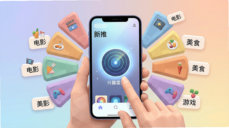 主体:一位用户正在手机上滑动“新推”界面,手机周围有多个浮动标签如“电影”“美食”“游戏”;布局:用户手部特写,手机屏幕显示“兴趣雷达”圆形图标,周围有扇形分布的兴趣标签;排版:对称构图,手机居中,标签围绕;风格:插画风格,低多边形,色彩柔和;细节:标签上有小图标,手机屏幕亮着;画质:高清,背景为渐变色,干净无杂物