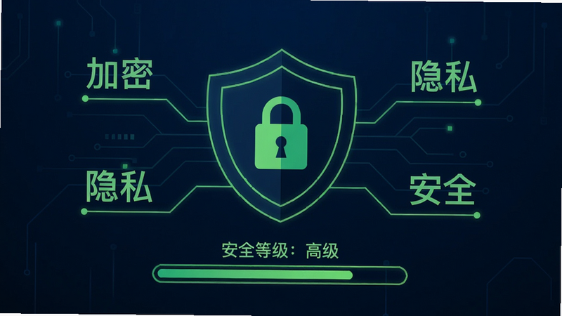 主体:一个盾牌图标位于屏幕中央,周围有“加密”“隐私”“安全”字样;布局:居中对称,盾牌下方有进度条显示“安全等级:高级”;风格:极简科技风,深蓝色背景,荧光绿线条;细节:盾牌上有锁形图案;画质:4K,干净无干扰