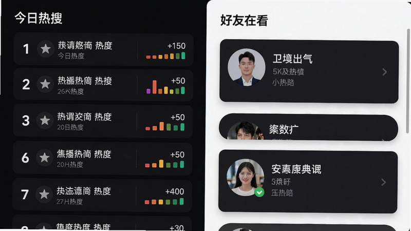 主体:一张表格状的热榜界面,左侧是“今日热搜”列表,右侧是“好友在看”卡片;布局:水平分屏,左窄右宽,列表每行有排名、标题、热度值;风格:现代卡片风格,深色背景,白色字体;细节:排名数字加粗,热度值用彩色条形图表示;画质:4K,无多余元素